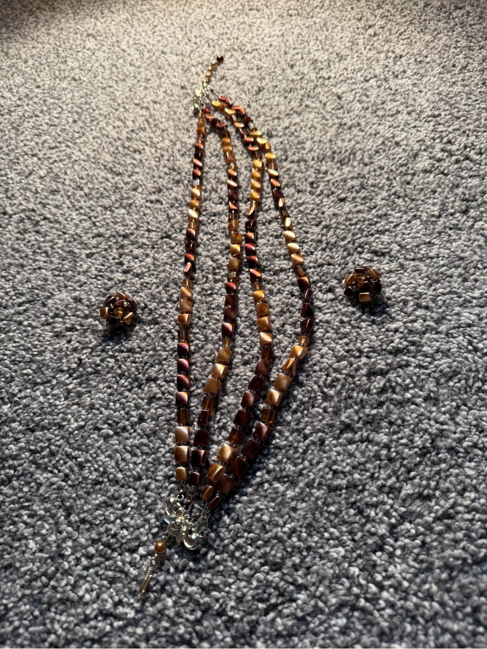 Vintage Mid-century Four-Strand Brown Beaded Necklace and Clip-on Earring Set